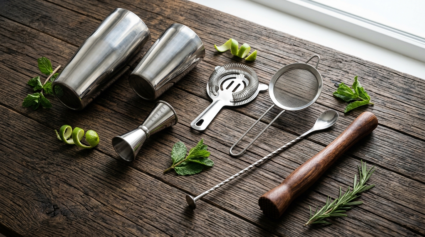 Professionelle Bar-Werkzeuge: Boston Shaker, Jigger, Hawthorne Strainer und Barlöffel